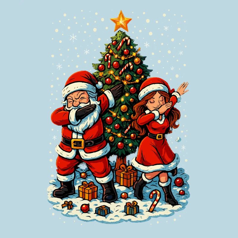 Dabbing Père Noël et Mère Noël devant le sapin de Noël