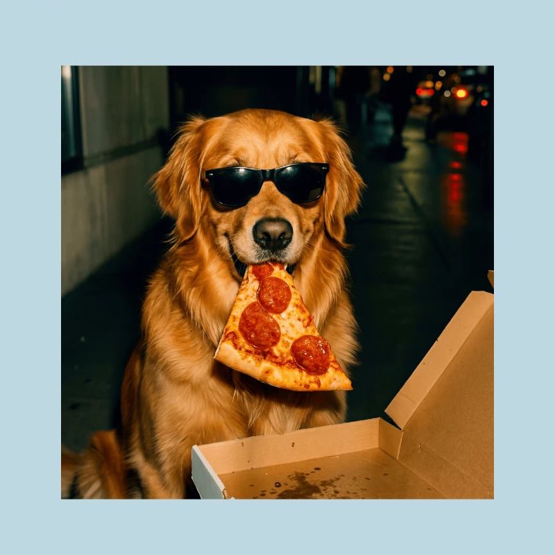 Mème drôle de chien Golden Retriever mangeant de la pizza
