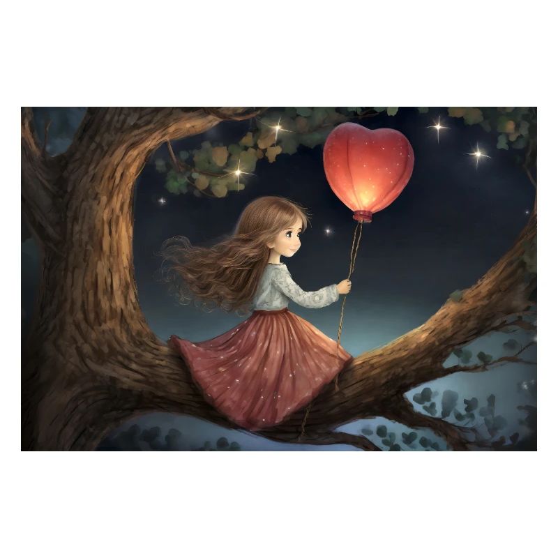 Mädchen mit Herzballon auf einem Ast