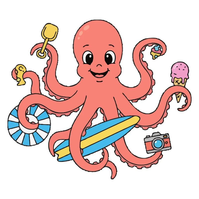 Summer octopus with surf and accessories