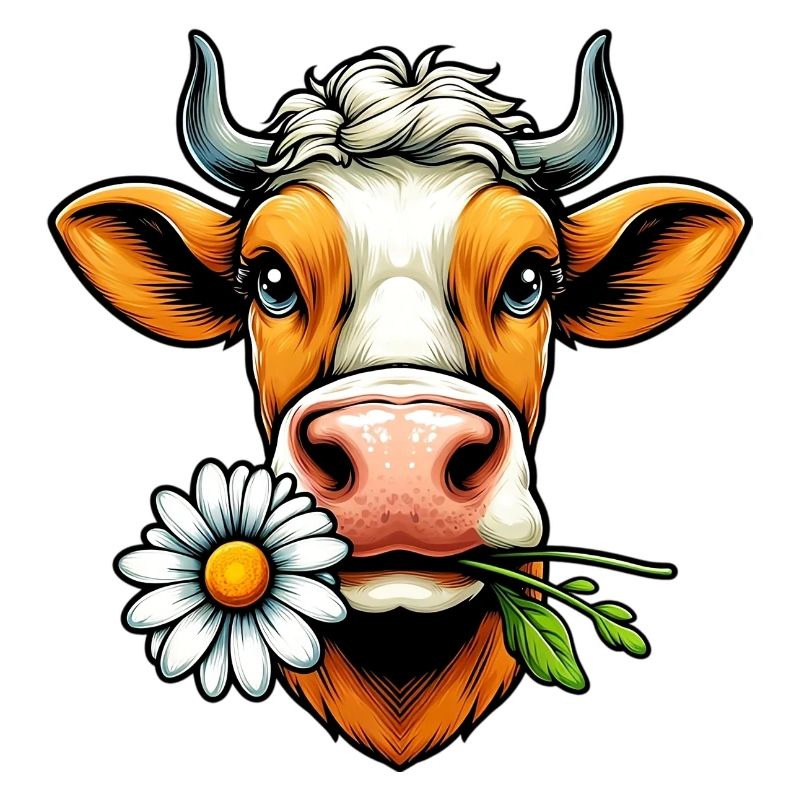 Vache avec une fleur de marguerite dans sa bouche fleurs