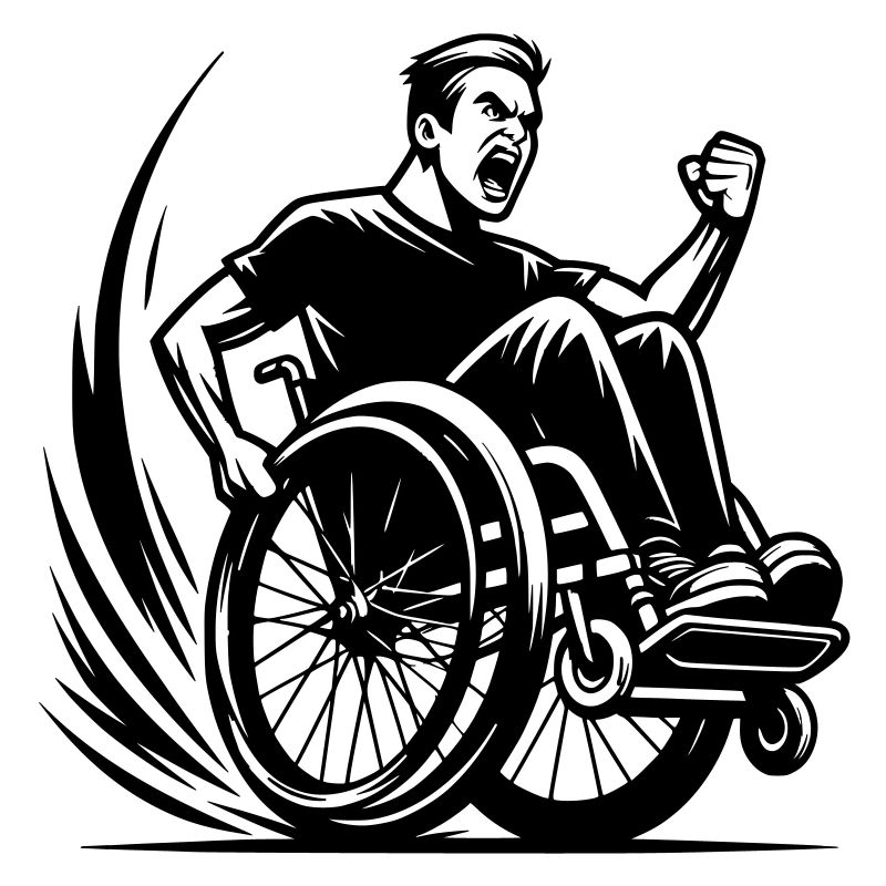 Wütender Rollstuhlfahrer macht einen Wheelie #