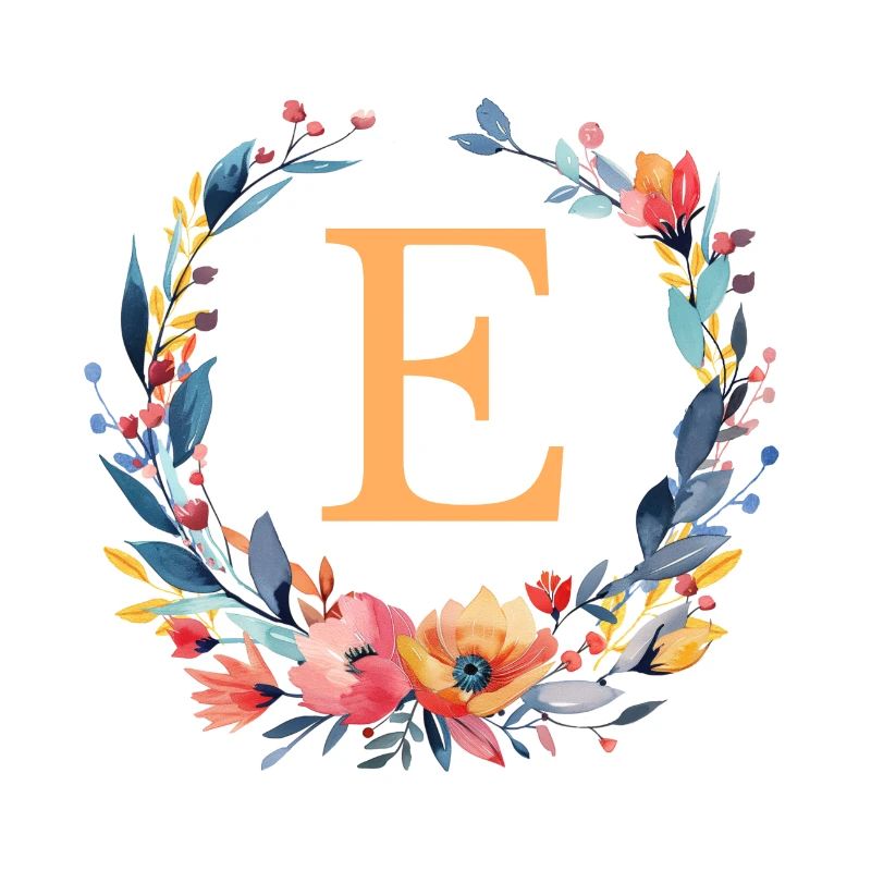 E Monogram, Flower Wreath, Personalizable