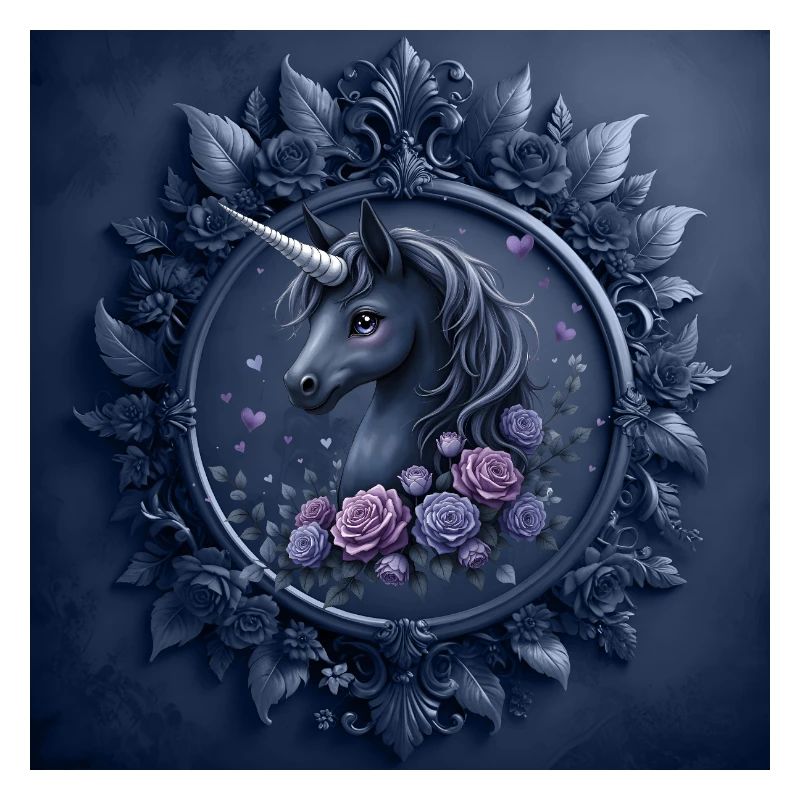 Licorne avec des fleurs dans les tons bleus