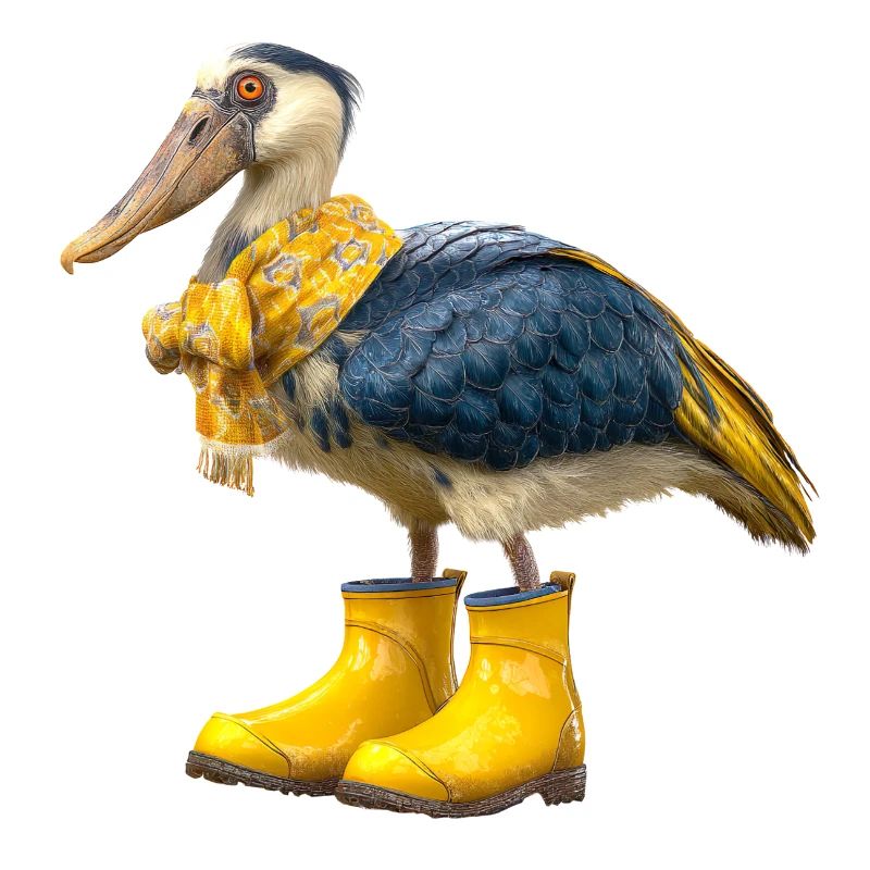 Creative shoebill bird in rubber boots