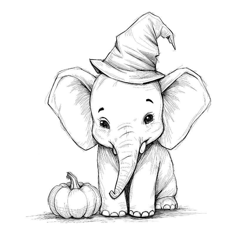 Éléphant d’Halloween avec chapeau de sorcière design mignon