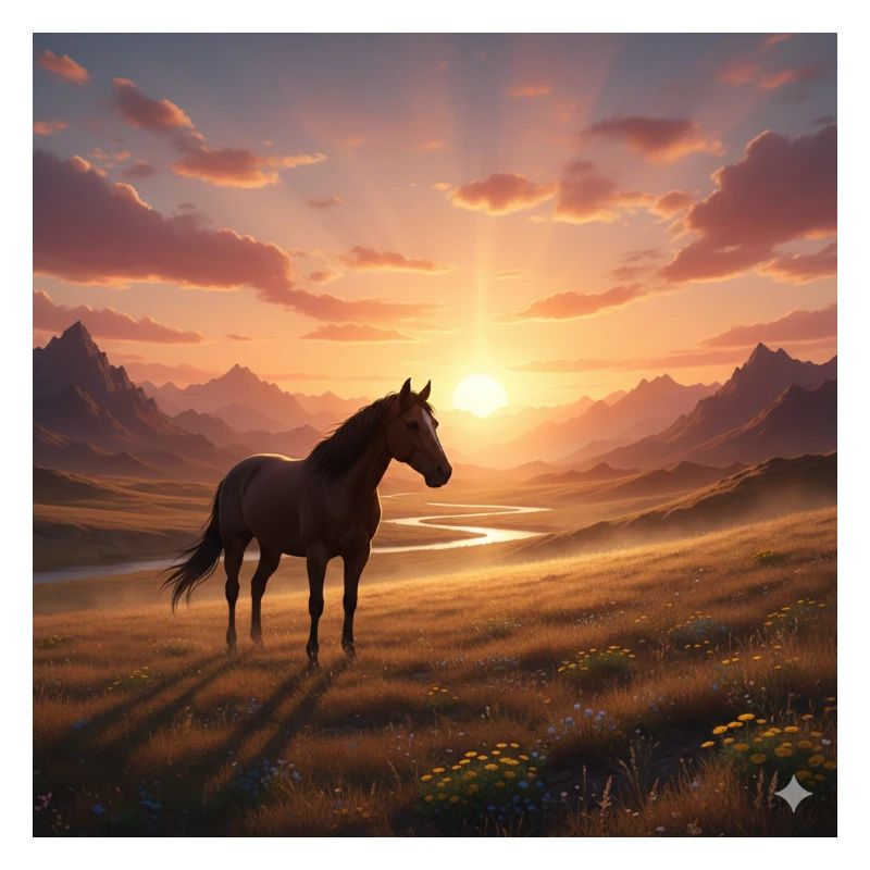 Cheval du coucher de soleil dans la vallée montagneuse
