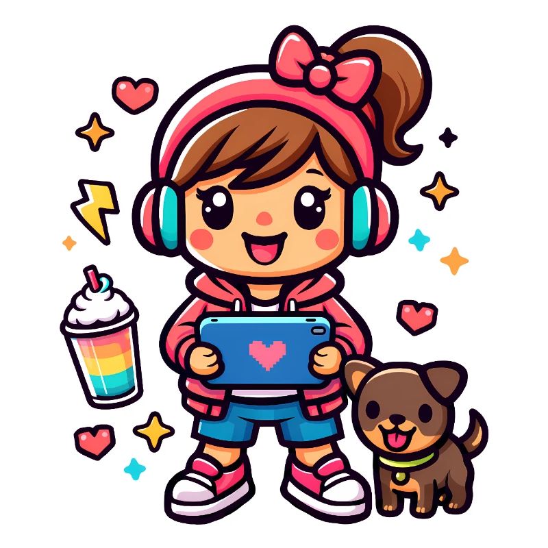 Fille Gamer Esthétique avec une tablette de surf et un chiot