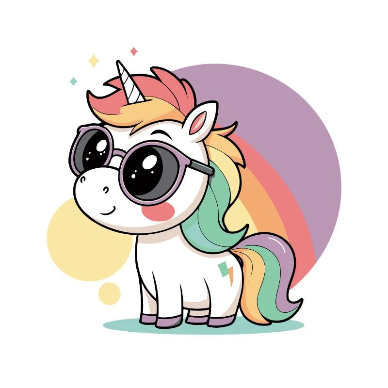 Pastell-Einhorn in Brille und Regenbogen