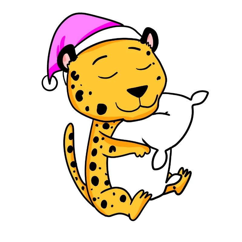 Cheetah with pillow and sleeping cap