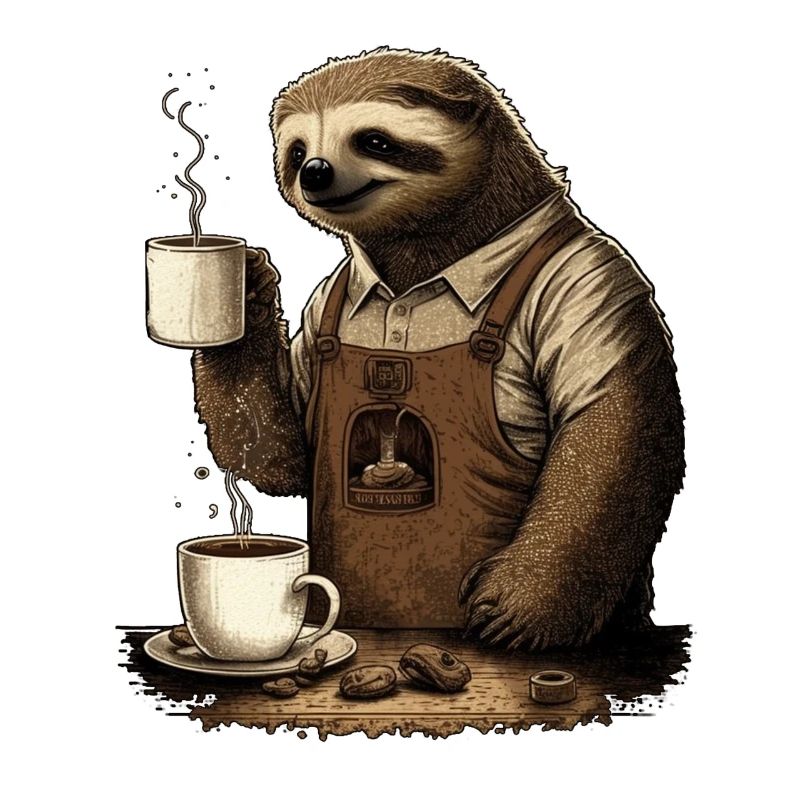 Sloth with apron and cups with fragrant coffee