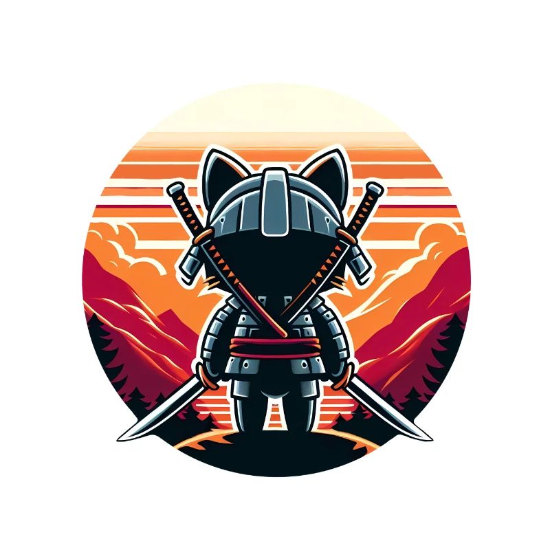 Katanas de chat samouraï regardant le coucher de soleil et les montagnes