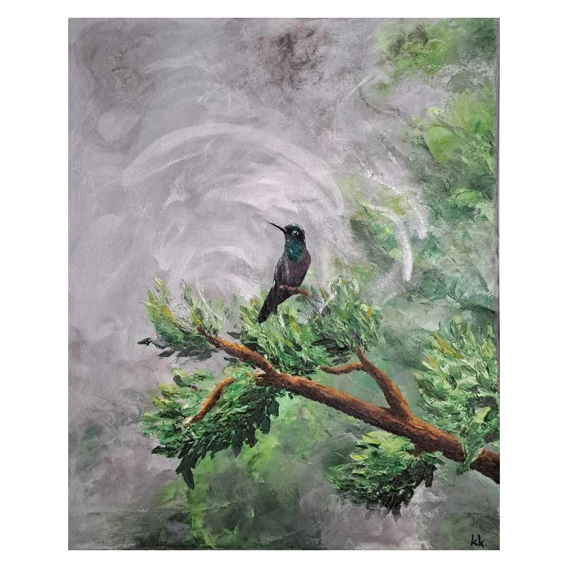 Hummingbird Perched on Leafy Branch