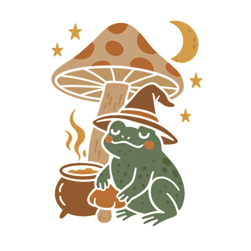 Crapaud magique de conte de fées avec champignon et lune