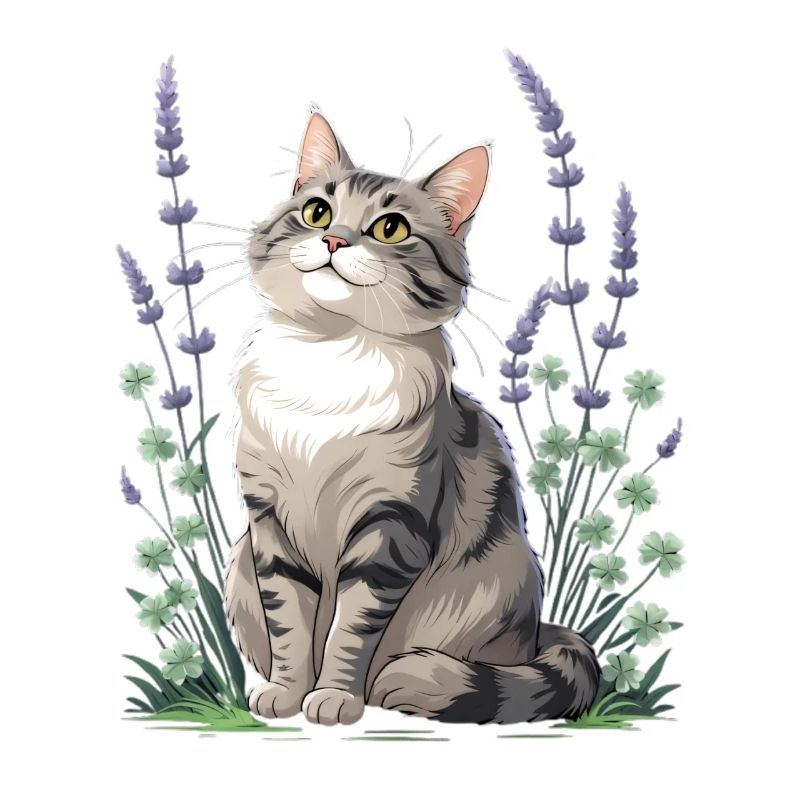 Chat élégant avec lavande et trèfle
