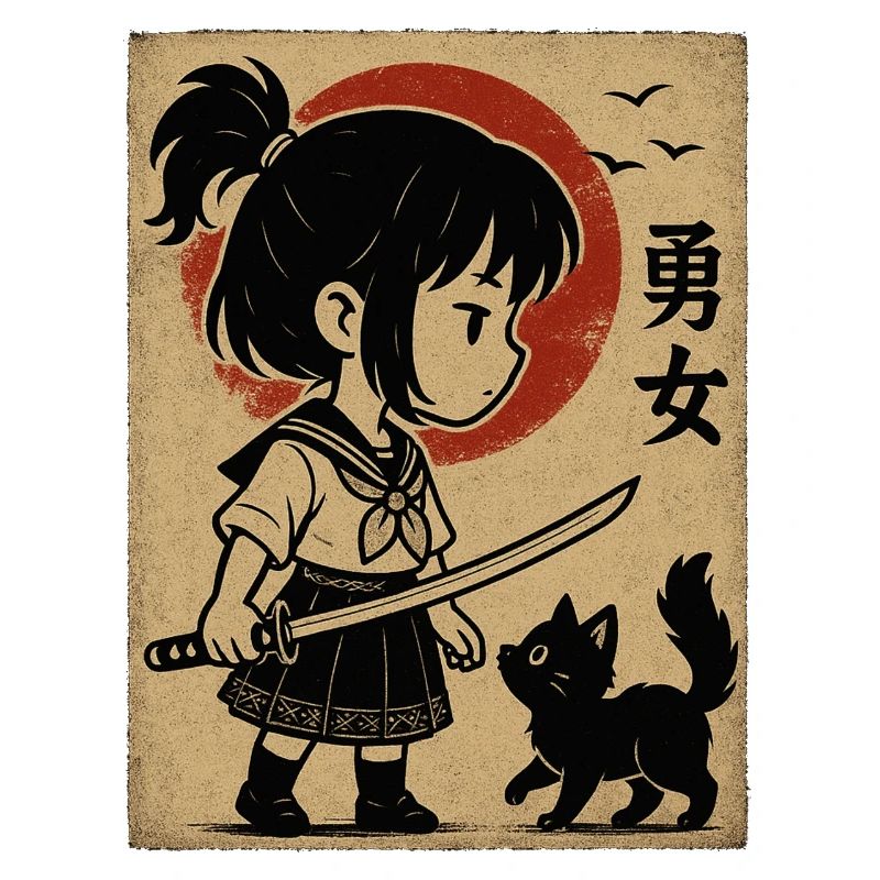 Fille courageuse avec katana et chat