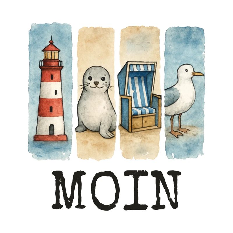 Moin Leuchtturm Robbe Strandkorb Möwe Küste