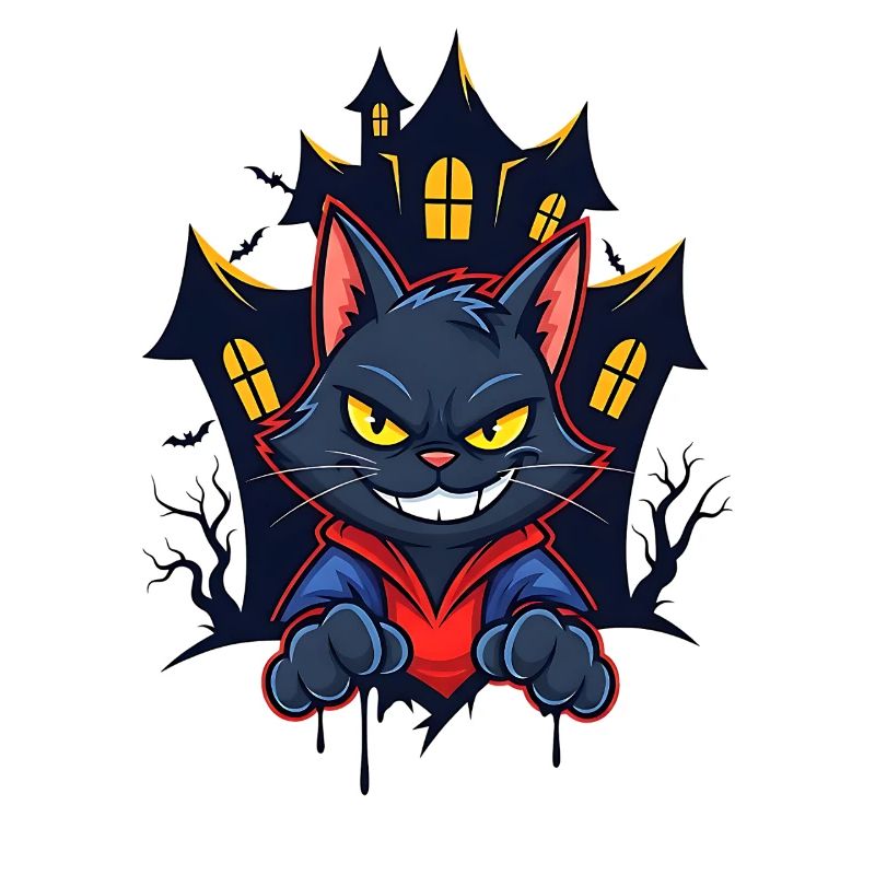 Chat souriant devant une maison hantée