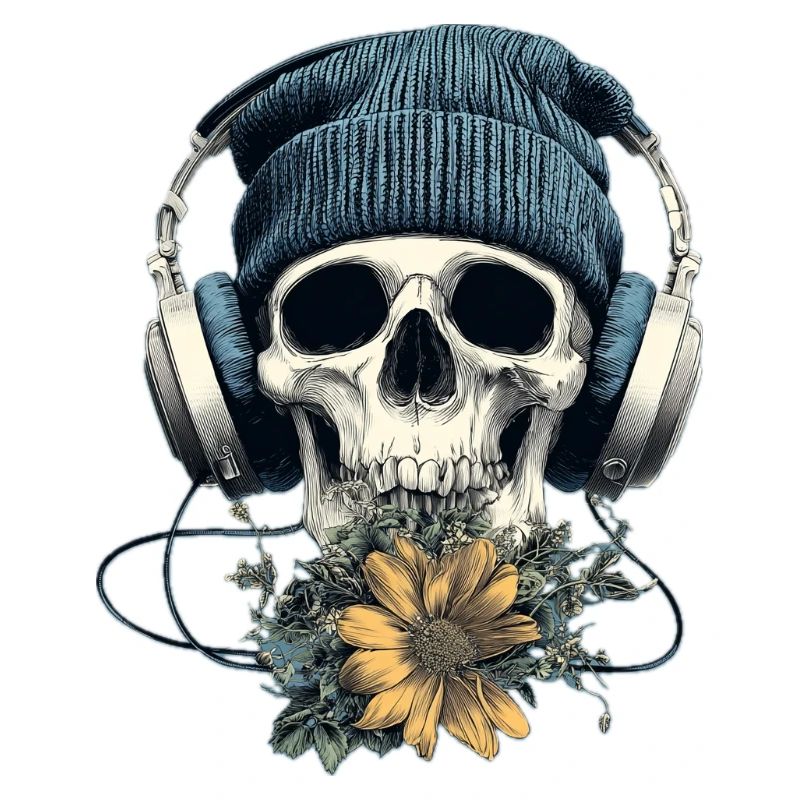Crâne avec casque et fleurs