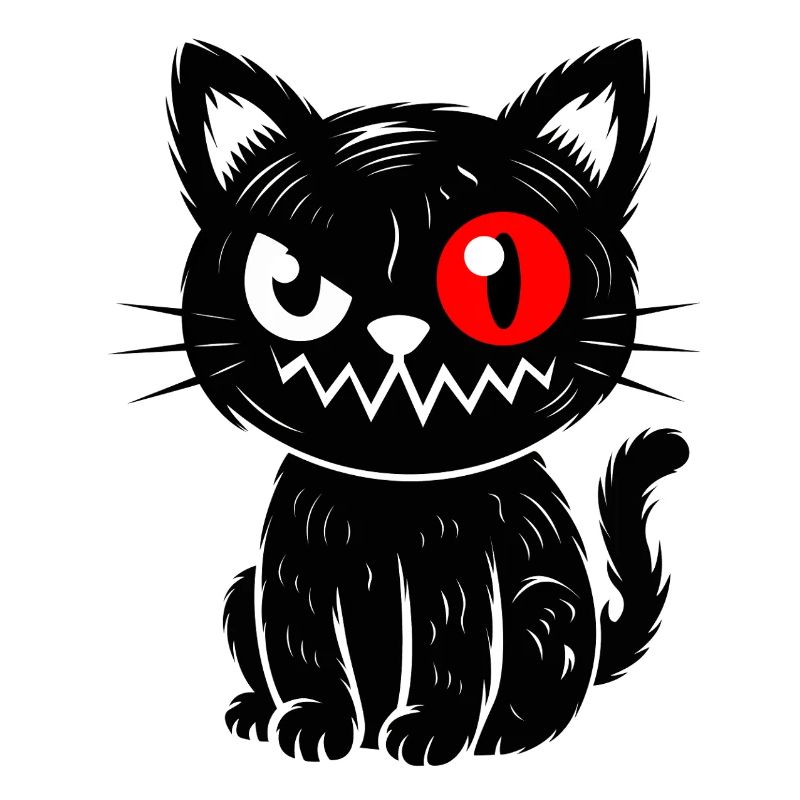 Black cat with red eye sitting