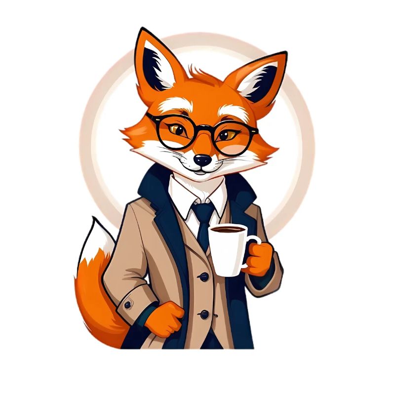Fuchs im Anzug mit Kaffee
