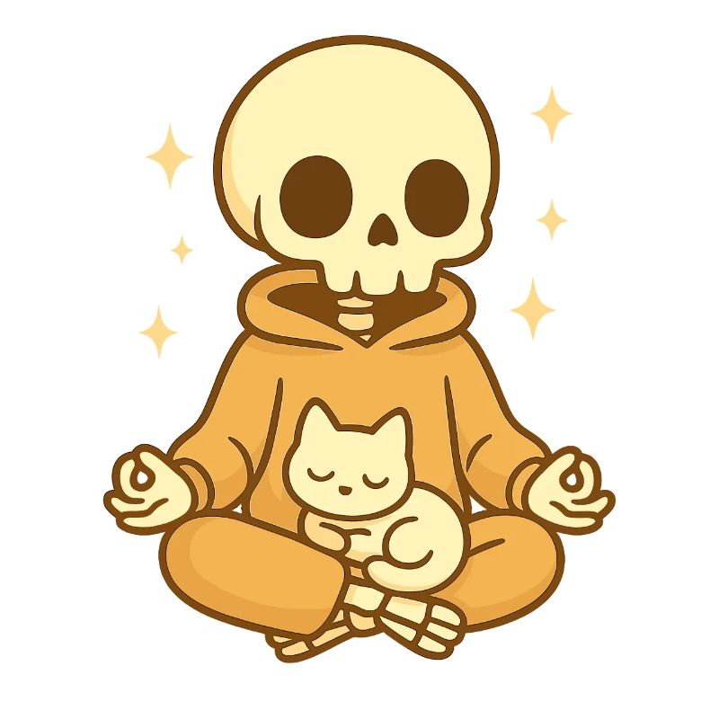 Squelette de méditation avec chat – Douillet et mignon