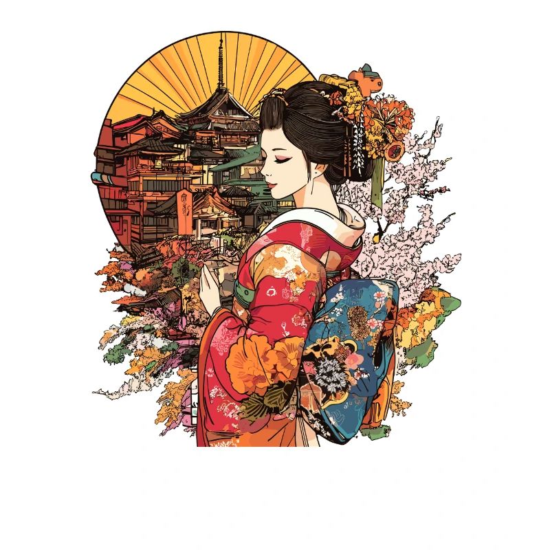 Geishas en kimono devant un décor japonais