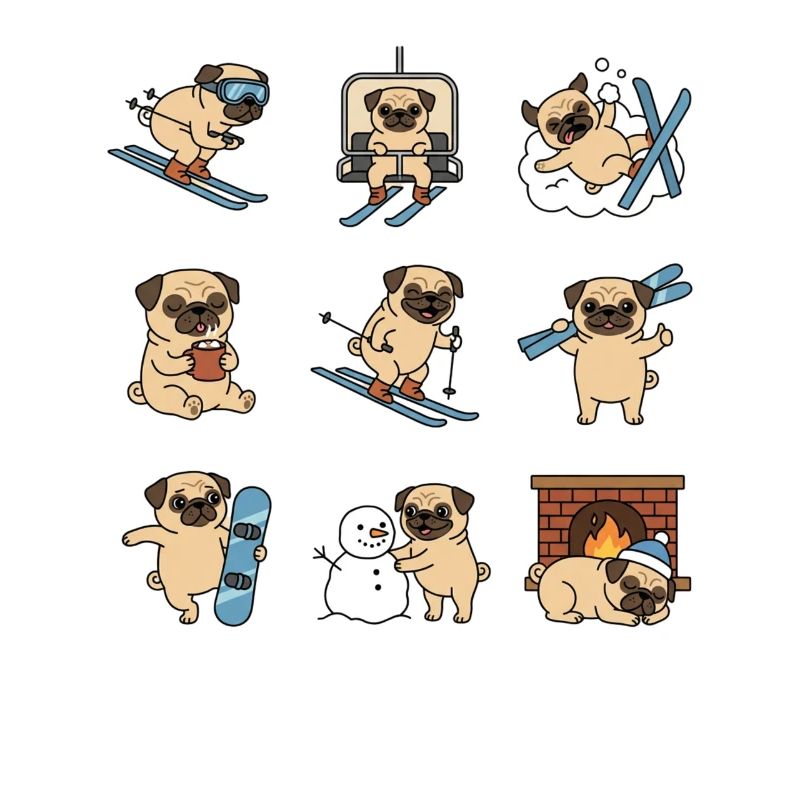 Mops Winter Skiurlaub Snowboard Spass