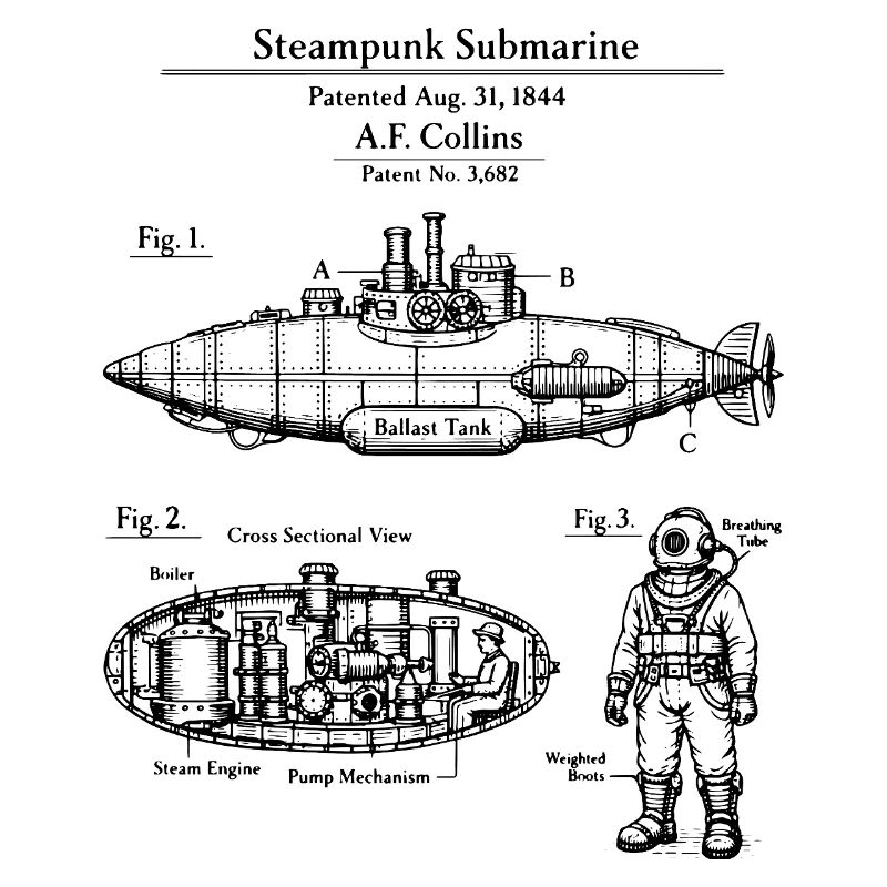 Vintage Steampunk-U-Boot-Bauplan