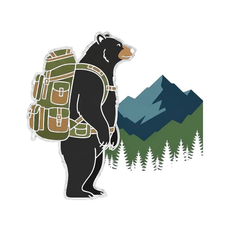 Bear with backpack in front of mountain landscape