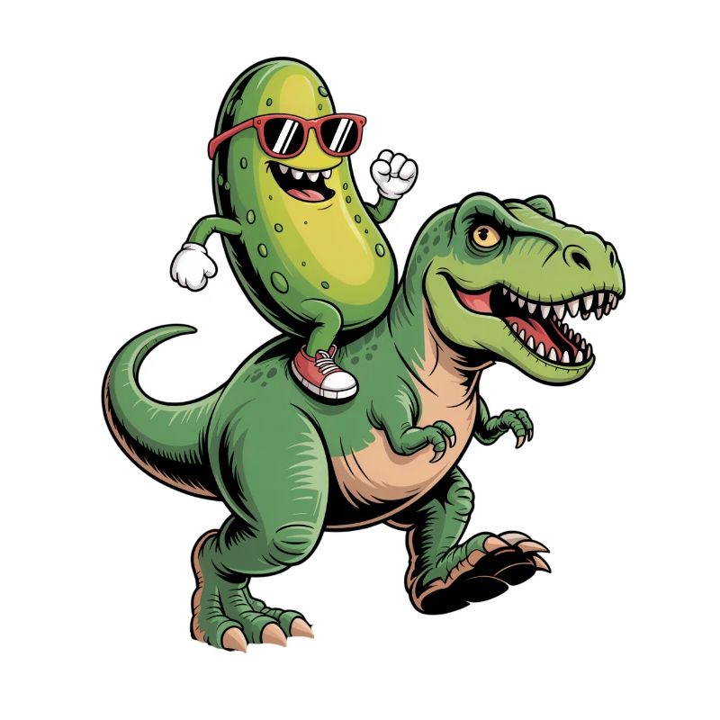 Sour cucumber rides dinosaur