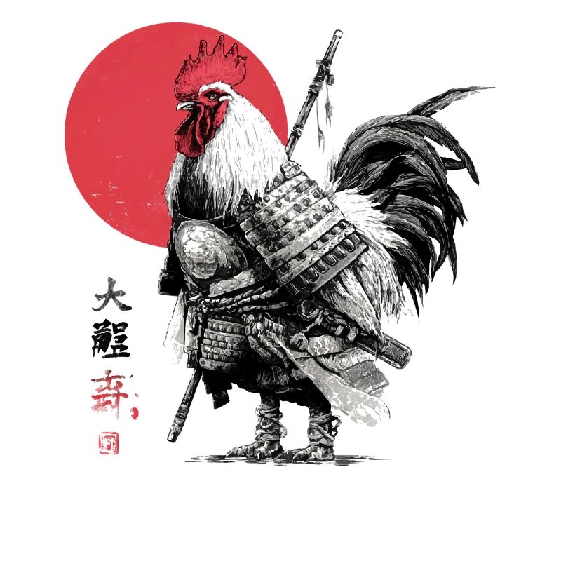 Samurai Rooster in Armor Under Red Sun