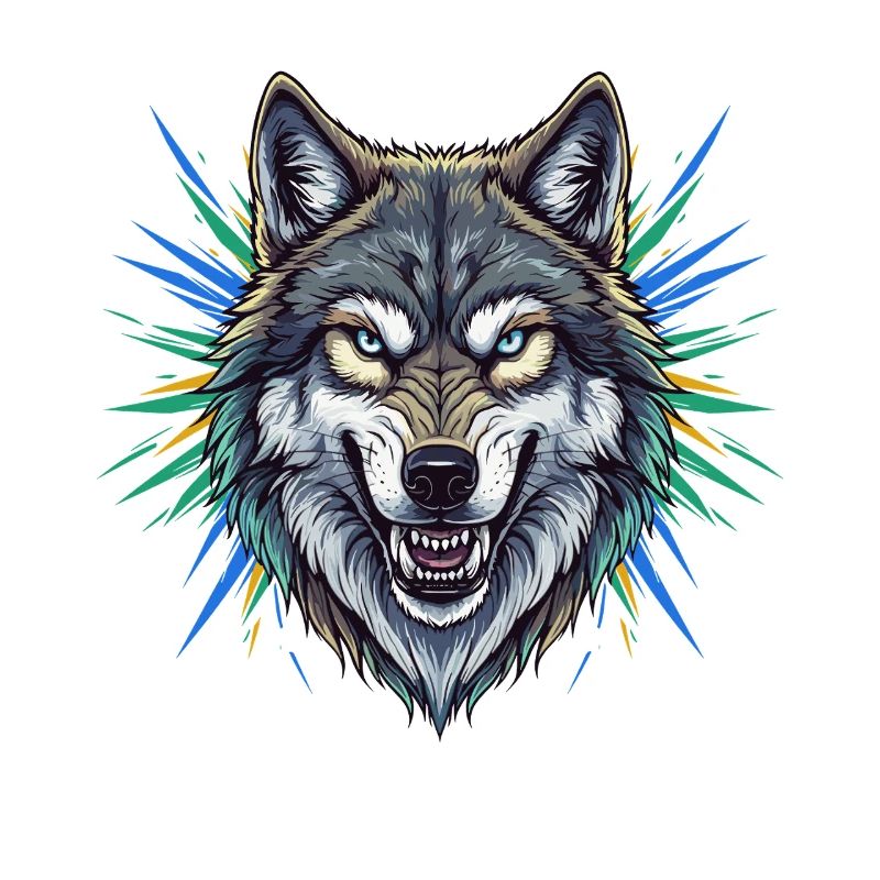 Wolfskopf mit bunten Strahlen