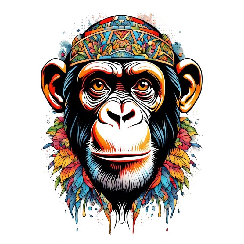 Colorful Monkey Portrait with Tribal Pattern