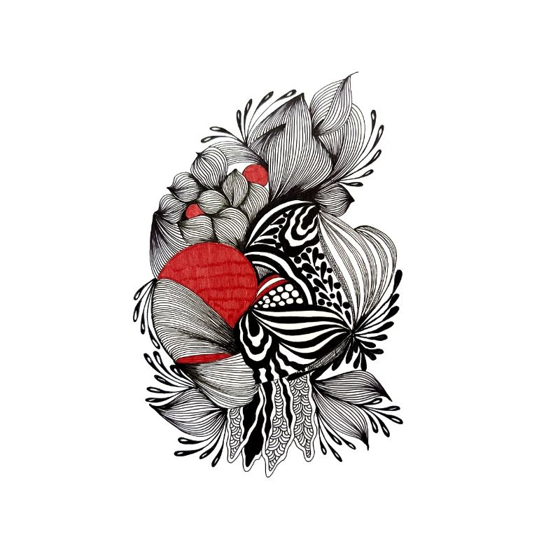 Fleurs noires et blanches avec un accent rouge