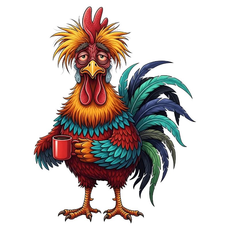 Vivid Rooster with Coffee Cup
