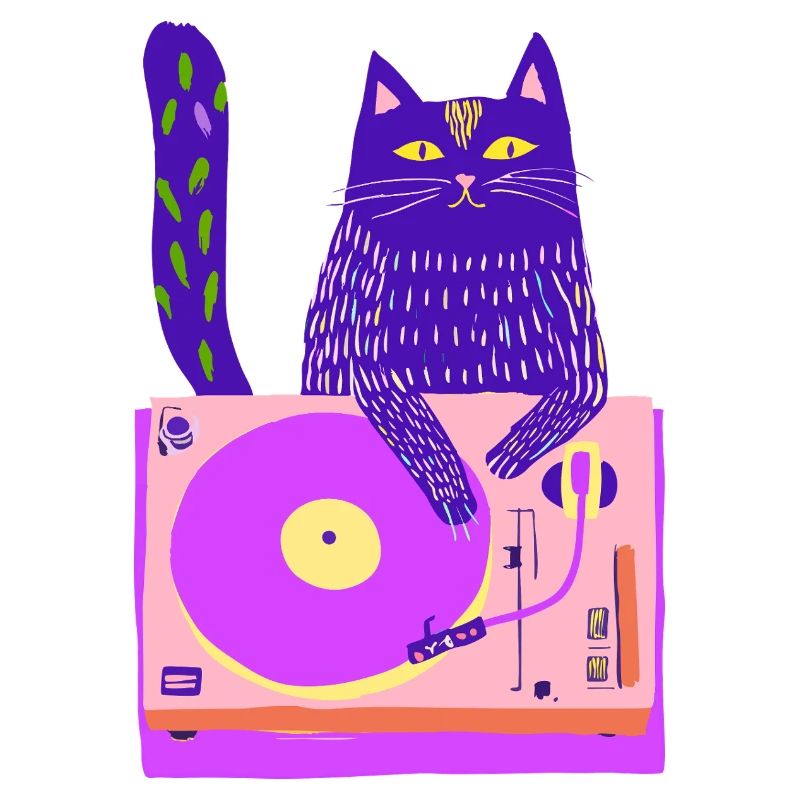 Neon Cat DJ on Pink Turntable