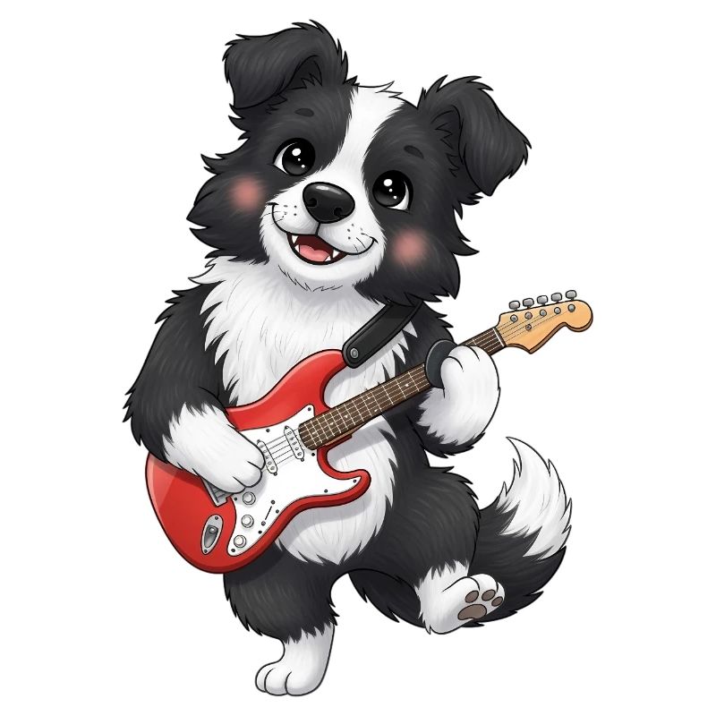 Kuscheliger Hund mit E-Gitarre