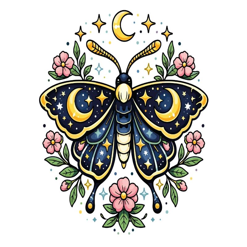 Papillon céleste lune fleurs étoiles