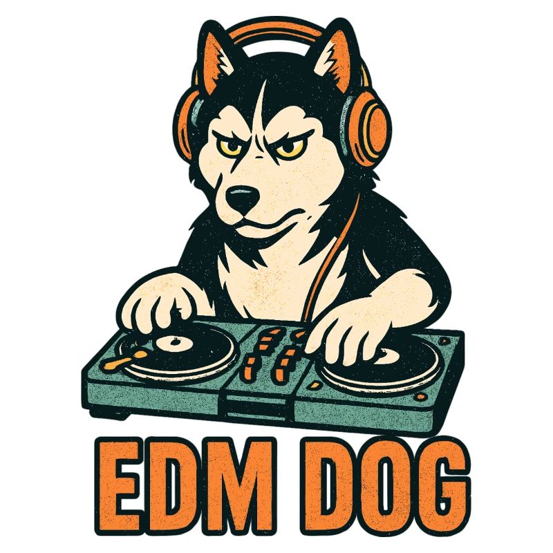 EDM Dog : DJ husky à la console de mixage dans un style rétro