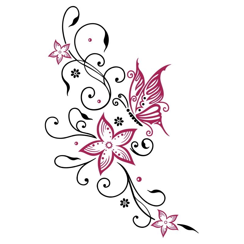 Fleurs avec ornement floral et papillon, été.