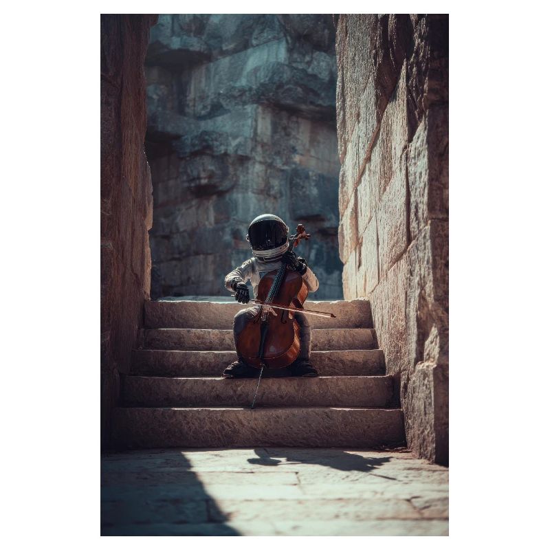 Astronaut Playing Cello on Ancient Stairs