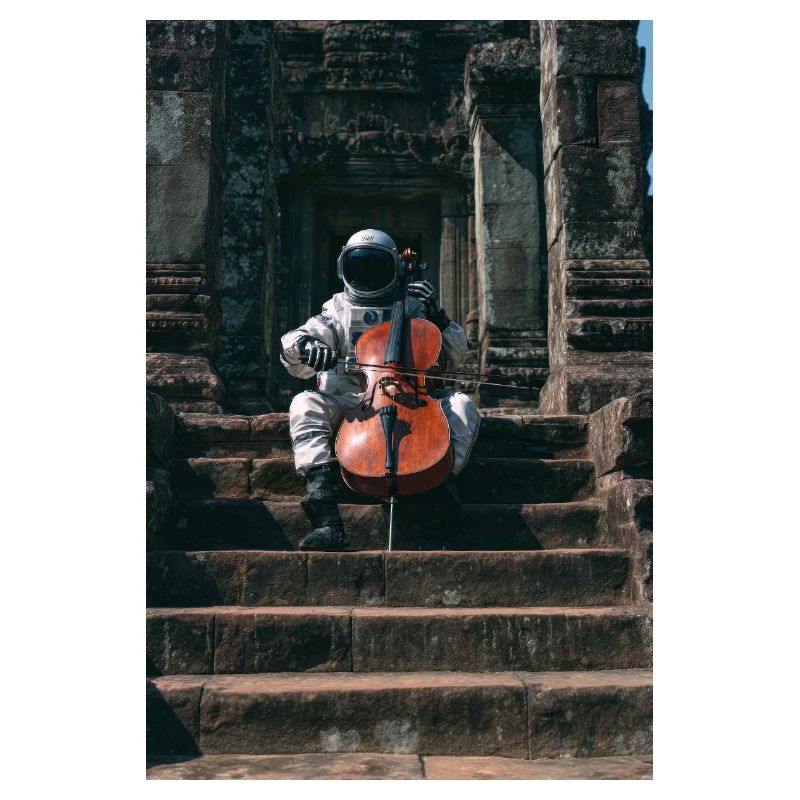 Astronaut Playing Cello at Ancient Temple