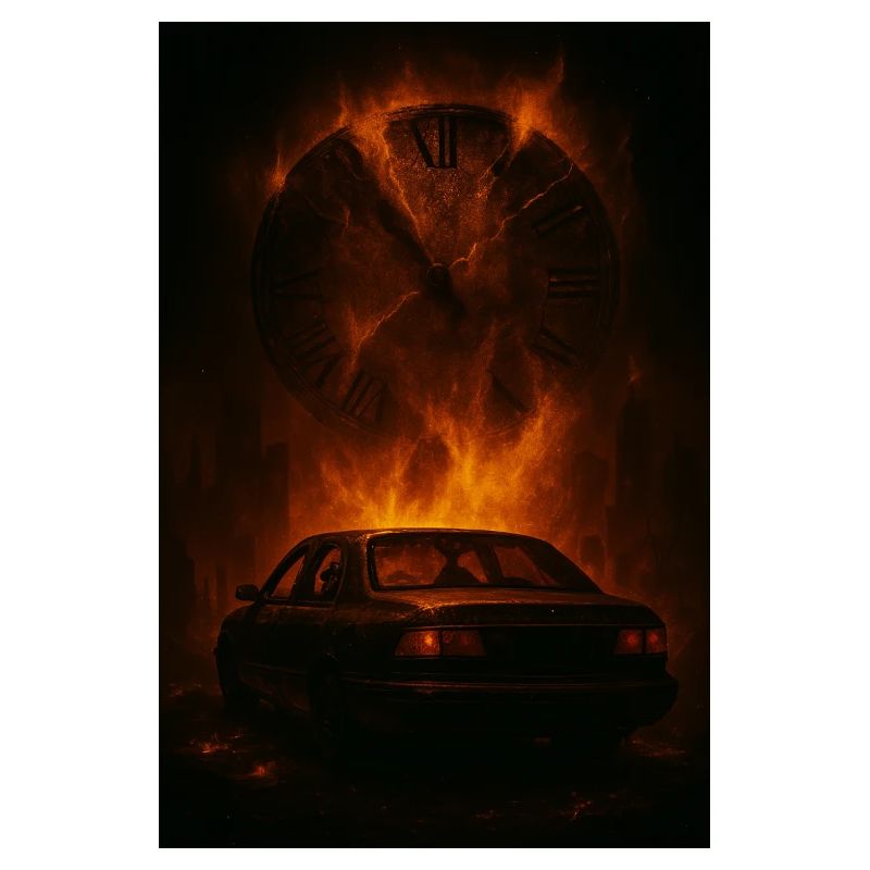 Zerfetzte Zeit: Auto im Feuer