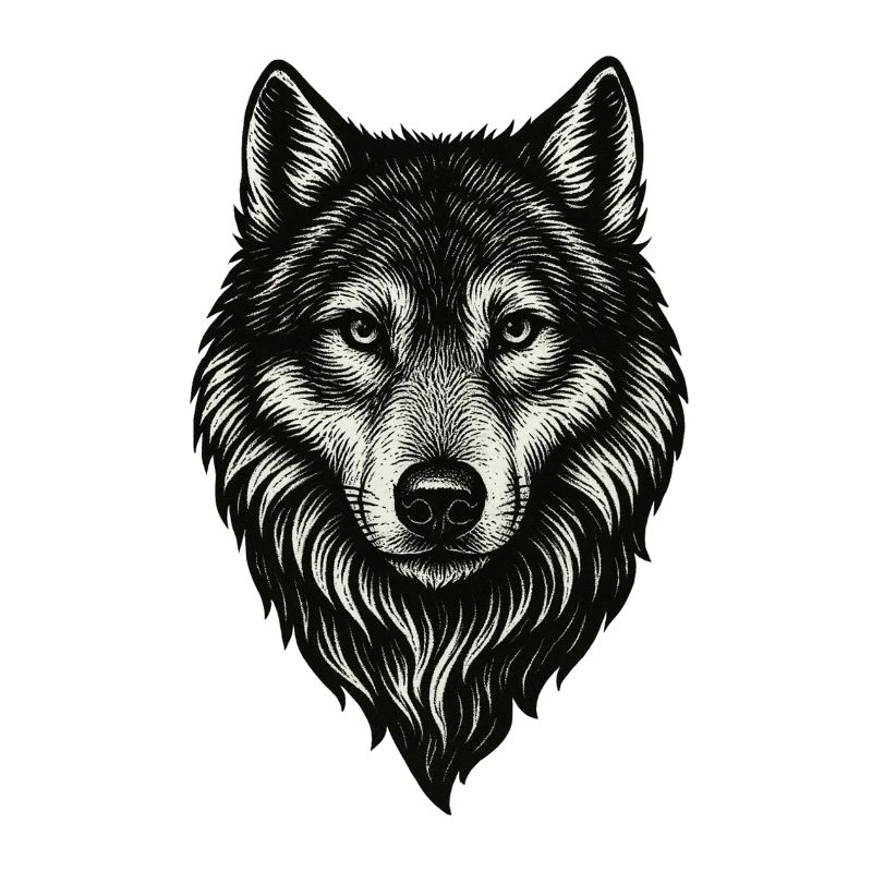 W Wolf Head Line Art Black & White