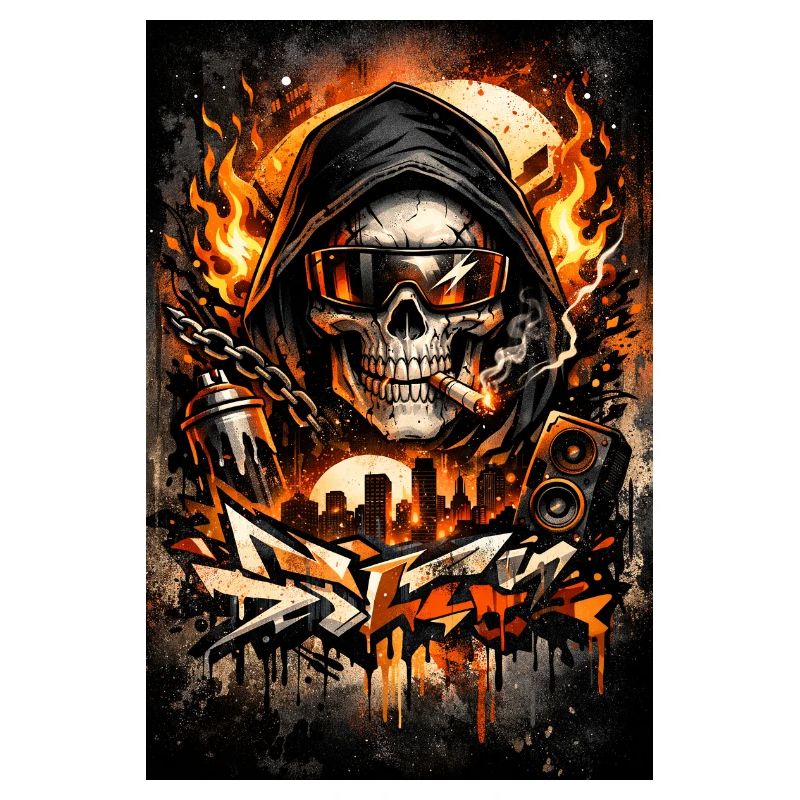 Urban skull with flames skyline