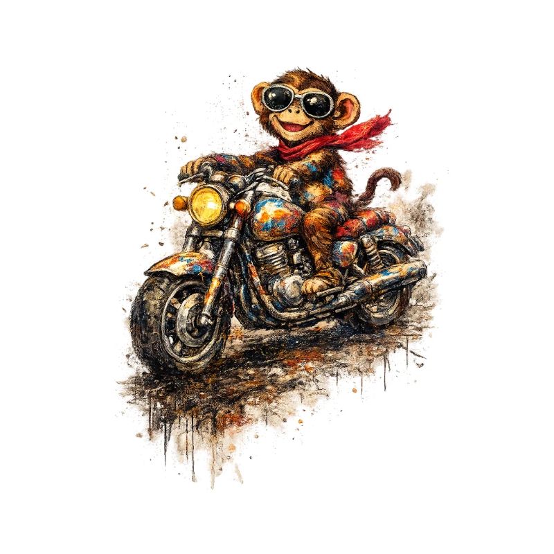 Affe auf bunter Motorradfahrt