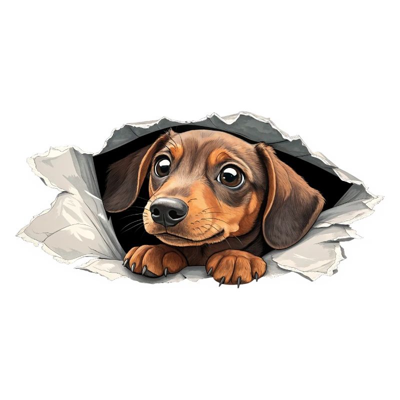 Petit chiot teckel mignon qui regarde en papier Déchirure Drôle de chien