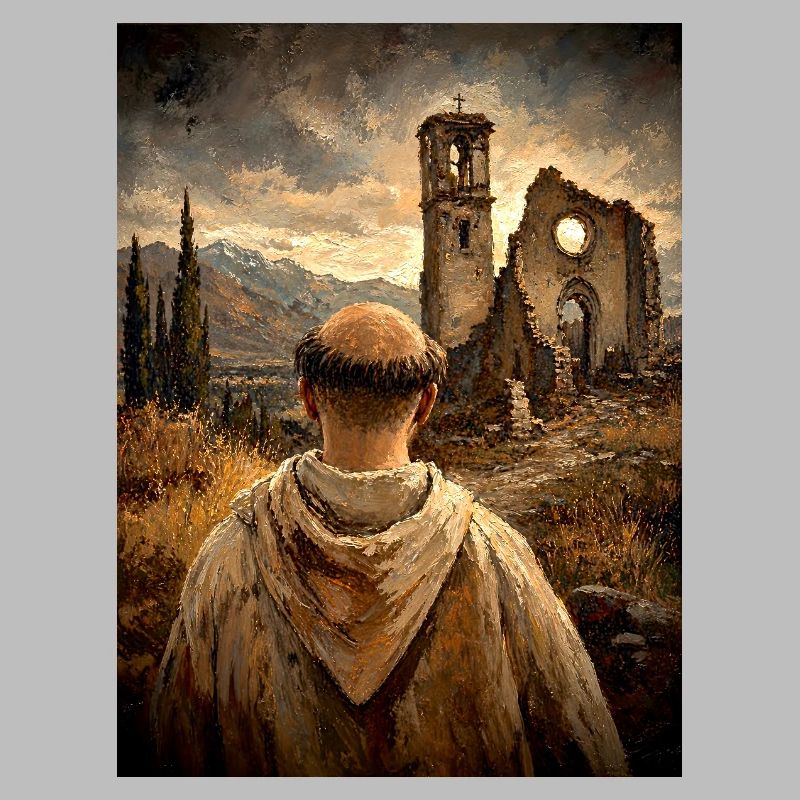 Moine devant les ruines au coucher du soleil