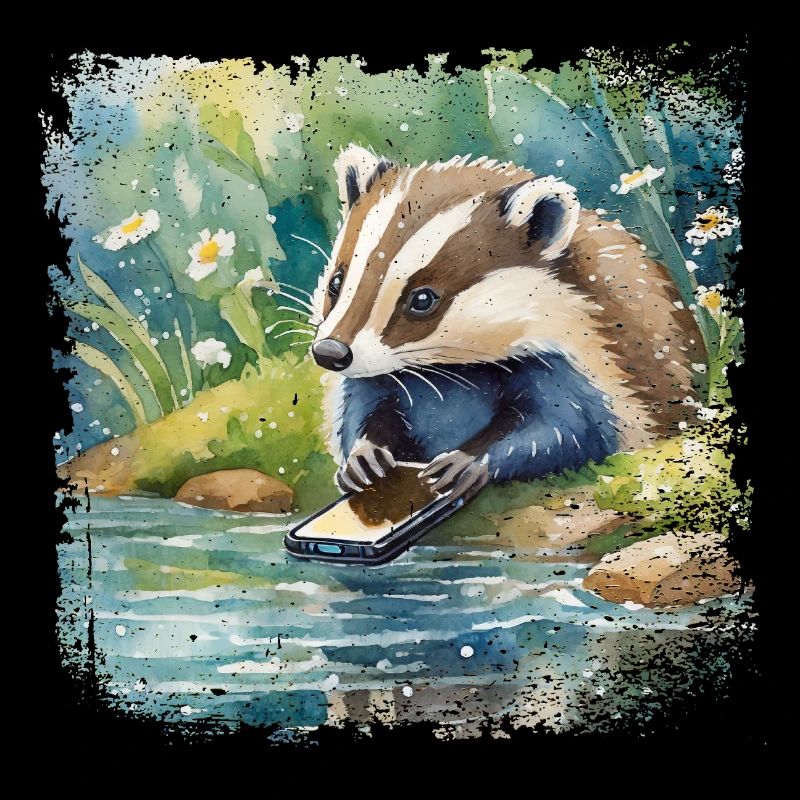 Niedlicher junger Dachs mit Handy, Kinderbuchstil